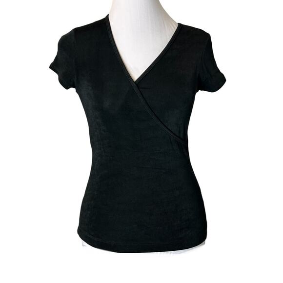 BCBG Paris Top Womens Size XS Black Knit Faux Wrap Front Stretchy Balletcore - Picture 1 of 6